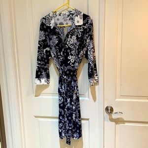 Chico’s navy and white floral paisley shirt dress.